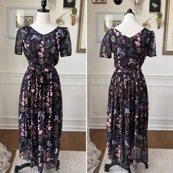 G•W•E Dresses & Skirts - G•W•E Midi Floral Butterfly Chiffon Short Sleeve Dress L